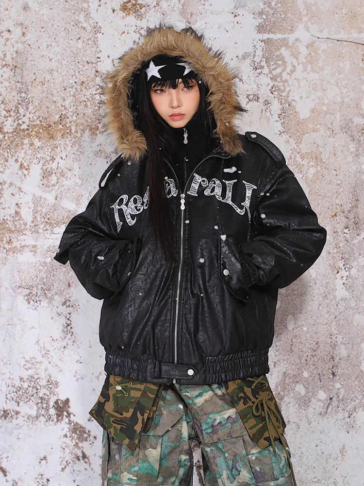 【24s Nov.】Fur Collar Leather Hooded Lace Lettering Cotton Jacket