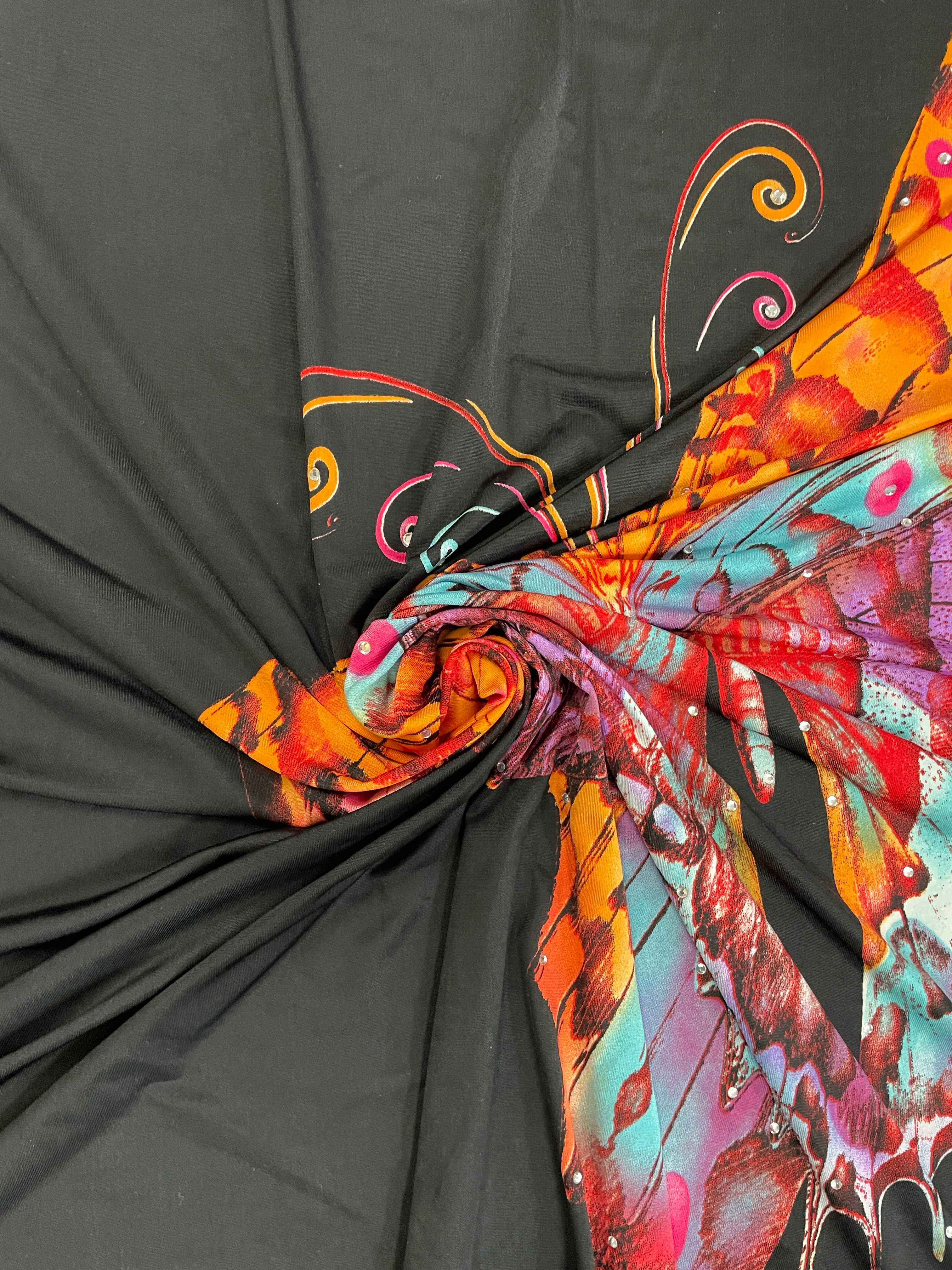 4 YD Nylon Lycra - Large Butterflies on Black with Rhinestones