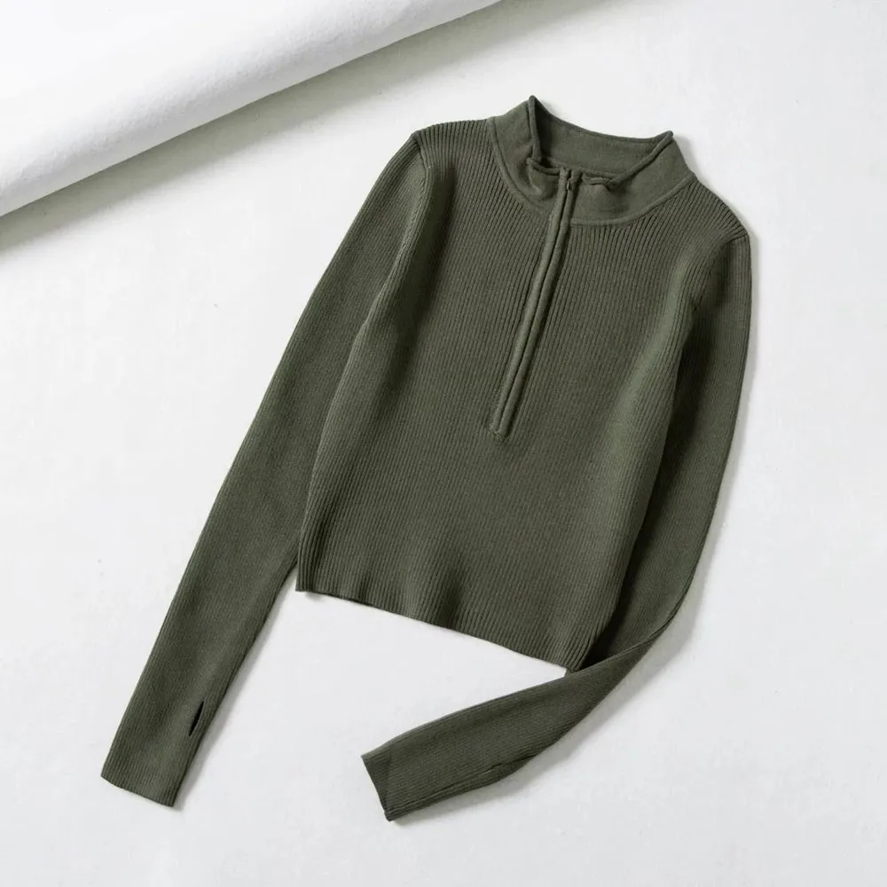 Aproms Elegant High Neck Zipper Front Knitted Sweater