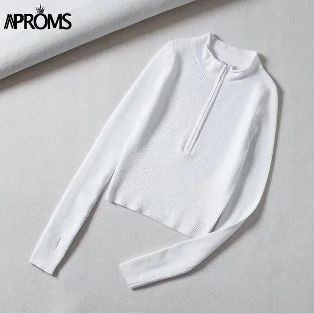 Aproms Elegant High Neck Zipper Front Knitted Sweater