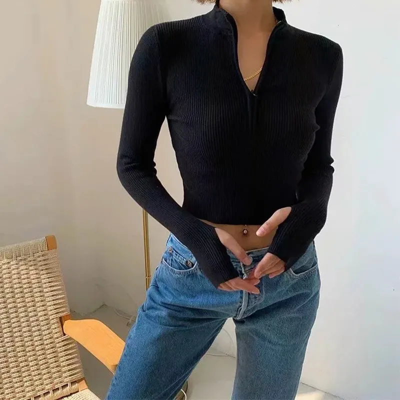Aproms Elegant High Neck Zipper Front Knitted Sweater