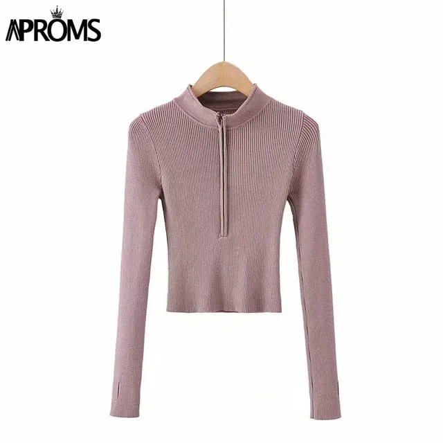 Aproms Elegant High Neck Zipper Front Knitted Sweater