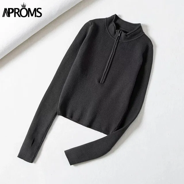 Aproms Elegant High Neck Zipper Front Knitted Sweater