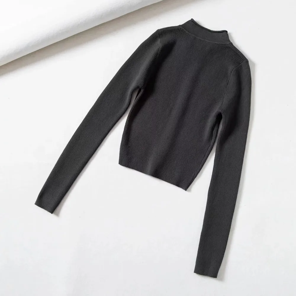Aproms Elegant High Neck Zipper Front Knitted Sweater