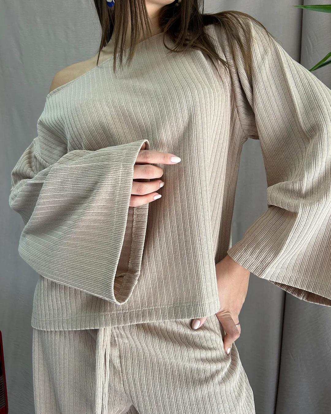 Beige Ribbed Set