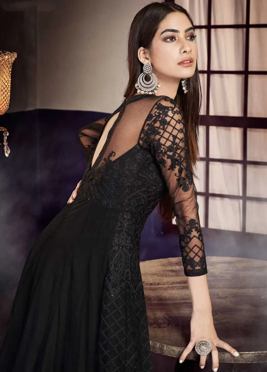 Black Designer Embroidered Anarkali Style Gown