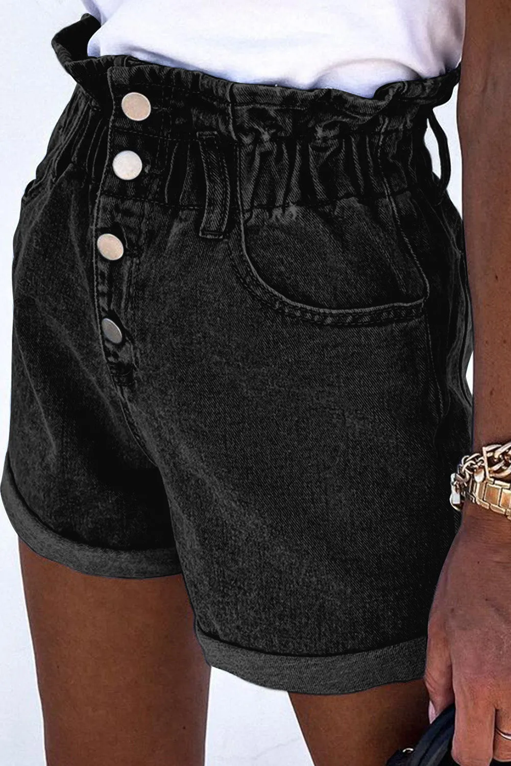 Black Ruffled High Waist Buttoned Denim Shorts