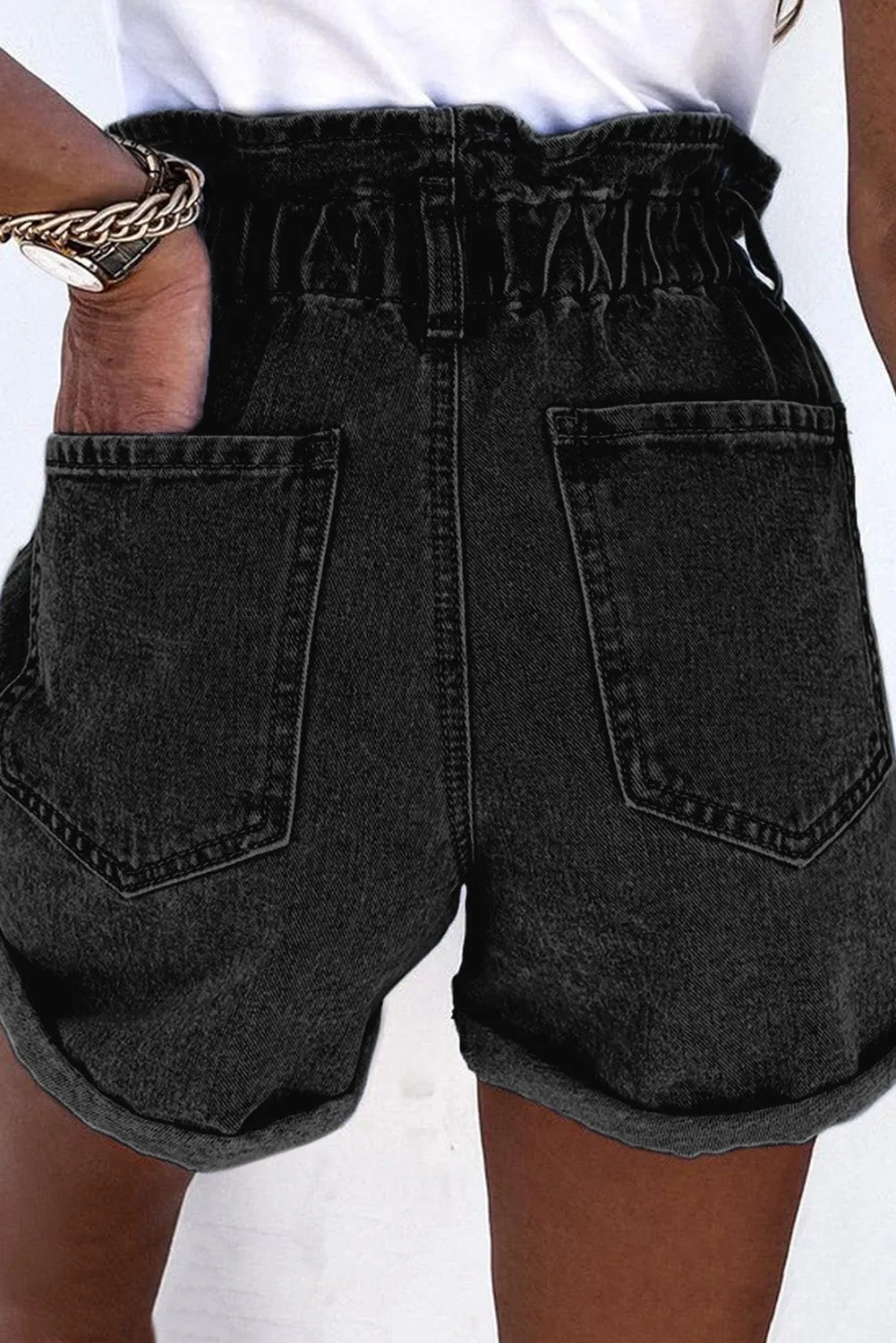 Black Ruffled High Waist Buttoned Denim Shorts