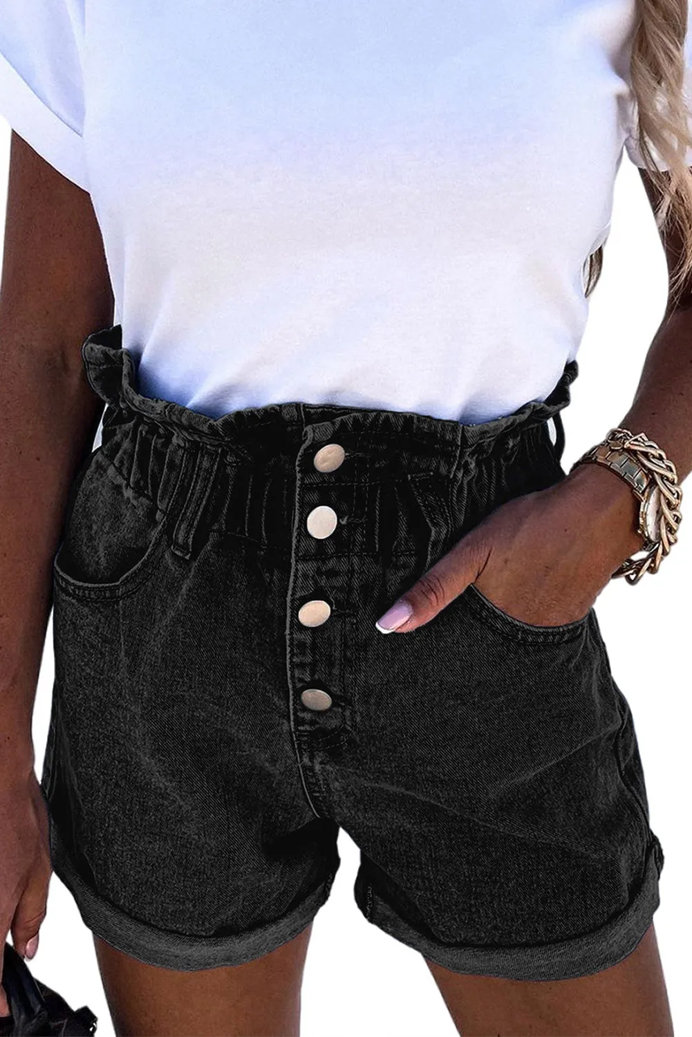 Black Ruffled High Waist Buttoned Denim Shorts