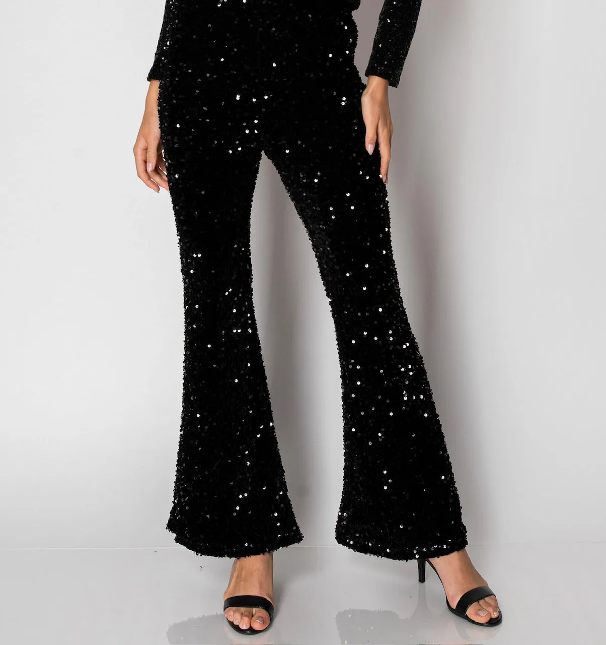 BLACK SEQUIN FLARED PANTS