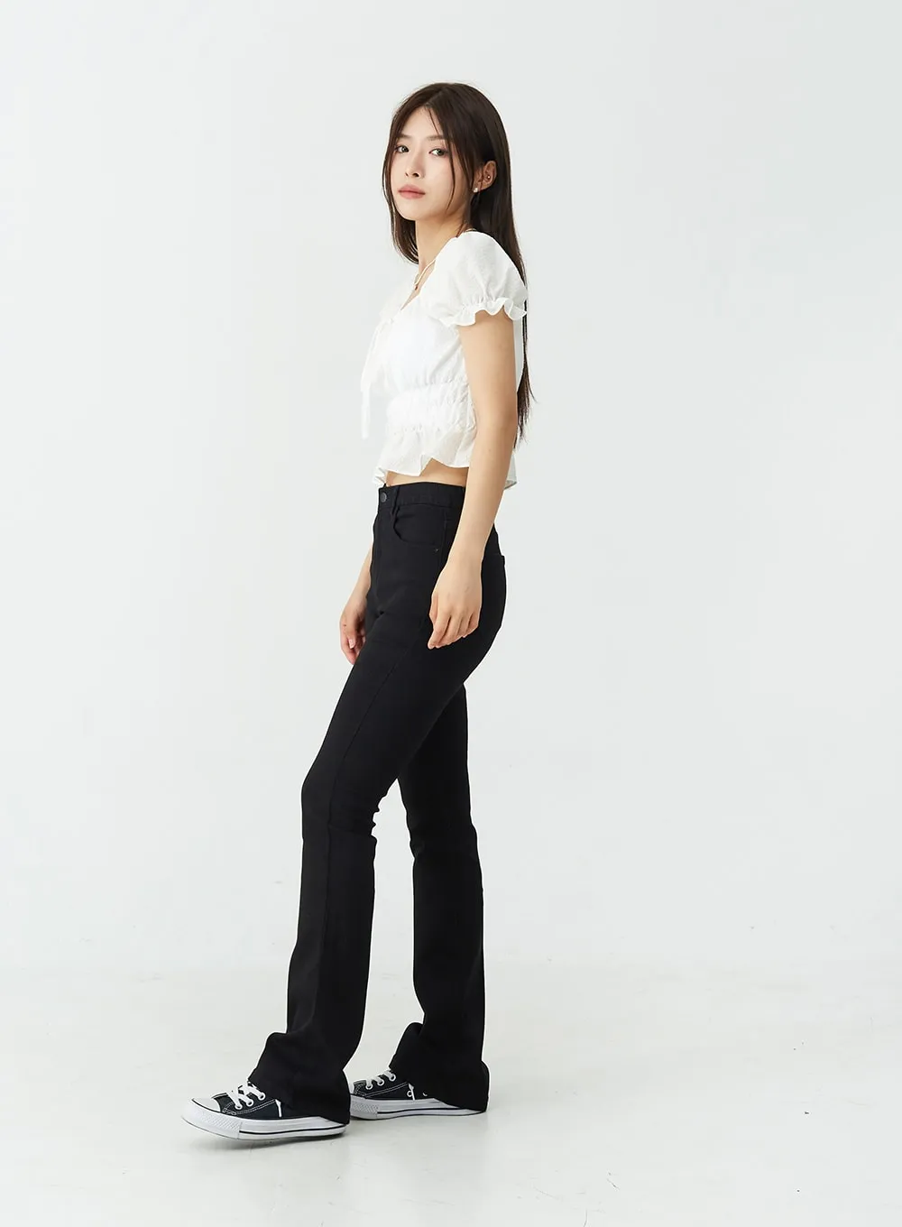 Black Spandex Boot-Cut Pants OU7