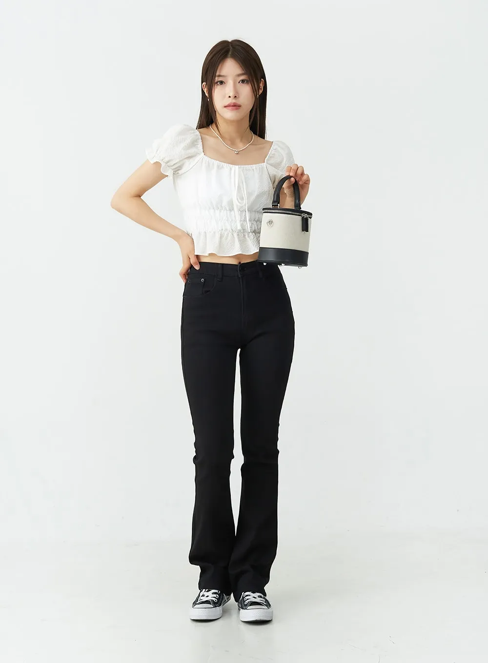 Black Spandex Boot-Cut Pants OU7