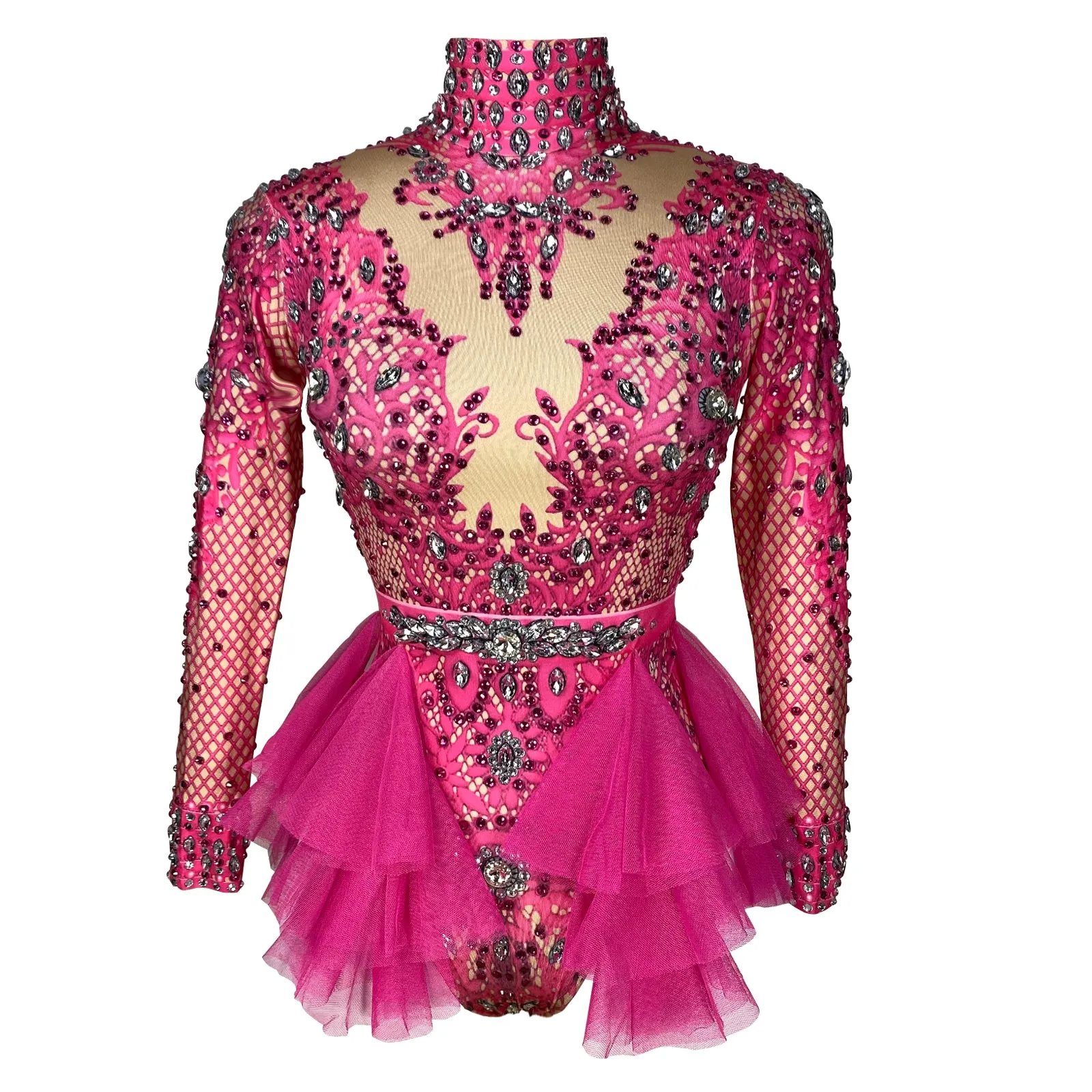 Custom Stage Singer Show Dance Rhinestone rosered Bodysuit