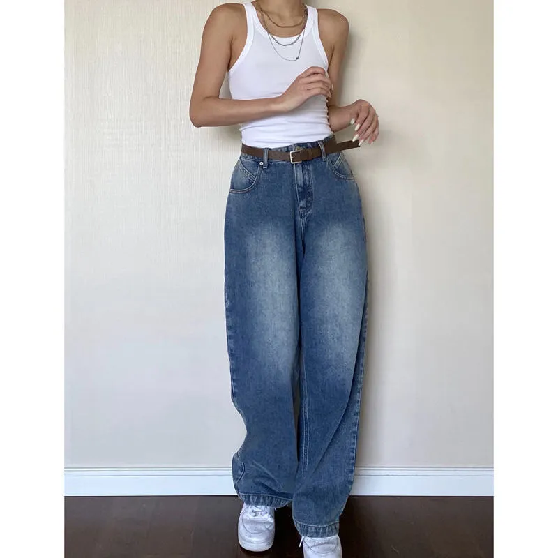 deanwangkt Retro Vintage Casual Oversize Baggy Jeans Women High Waist Streetwear Straight Leg Denim Trousers  Fashion Pantalones