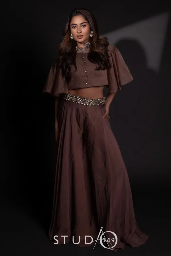 DESIGNER EMBELLISHED CO ORD SET IN BROWN