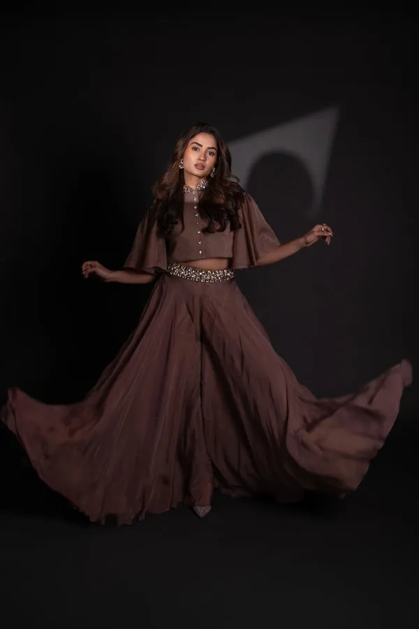 DESIGNER EMBELLISHED CO ORD SET IN BROWN