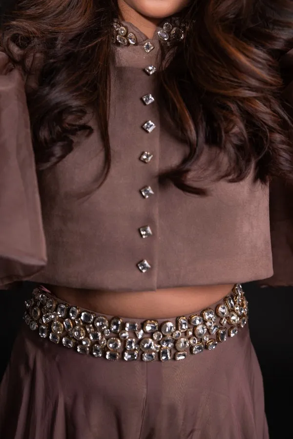 DESIGNER EMBELLISHED CO ORD SET IN BROWN