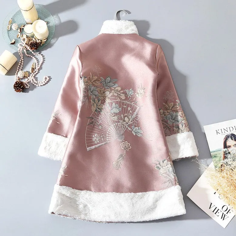 Fans & Floral Pattern Fancy Cotton Fur Edge Women's Chinese Style Wadded Coat