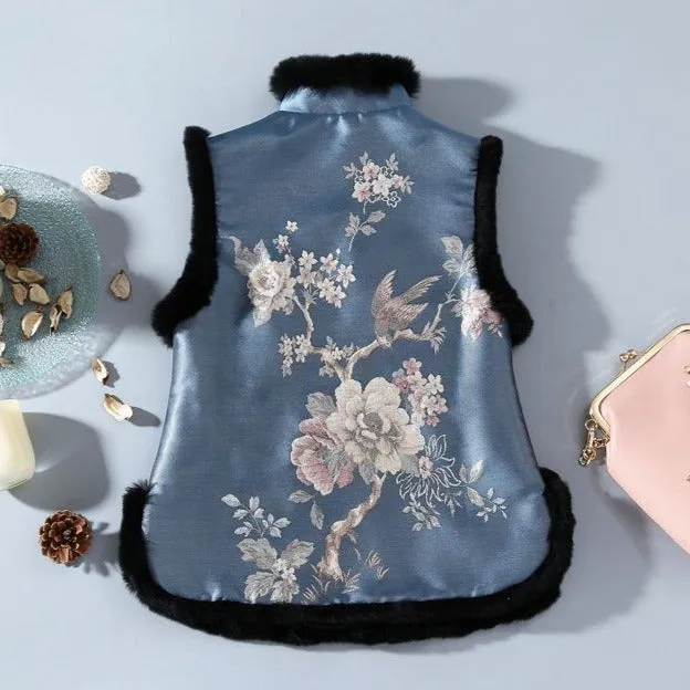 Floral Brocade Fur Edge Cheongsam Top Chinese Wadded Waistcoat Vest
