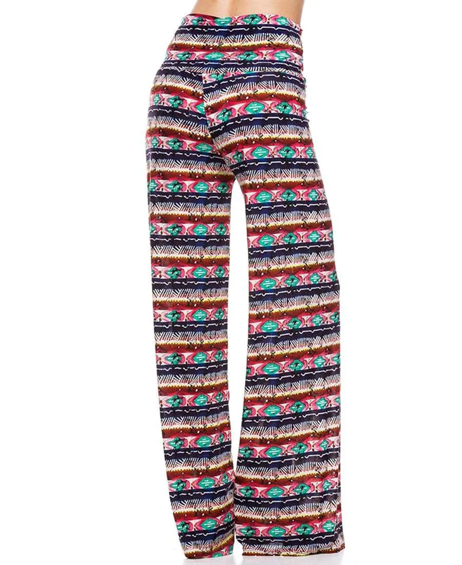 Foldover Palazzo Pants Multi Aztec Striped Navy Pink