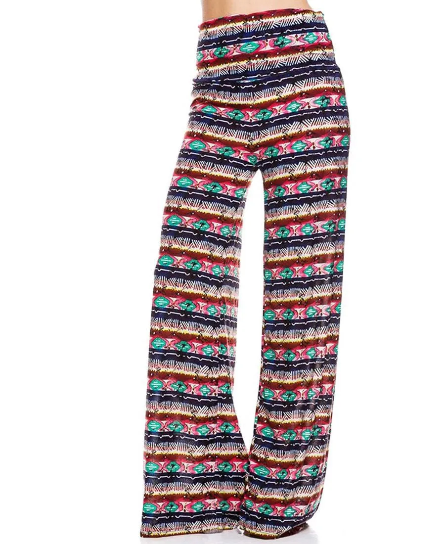 Foldover Palazzo Pants Multi Aztec Striped Navy Pink