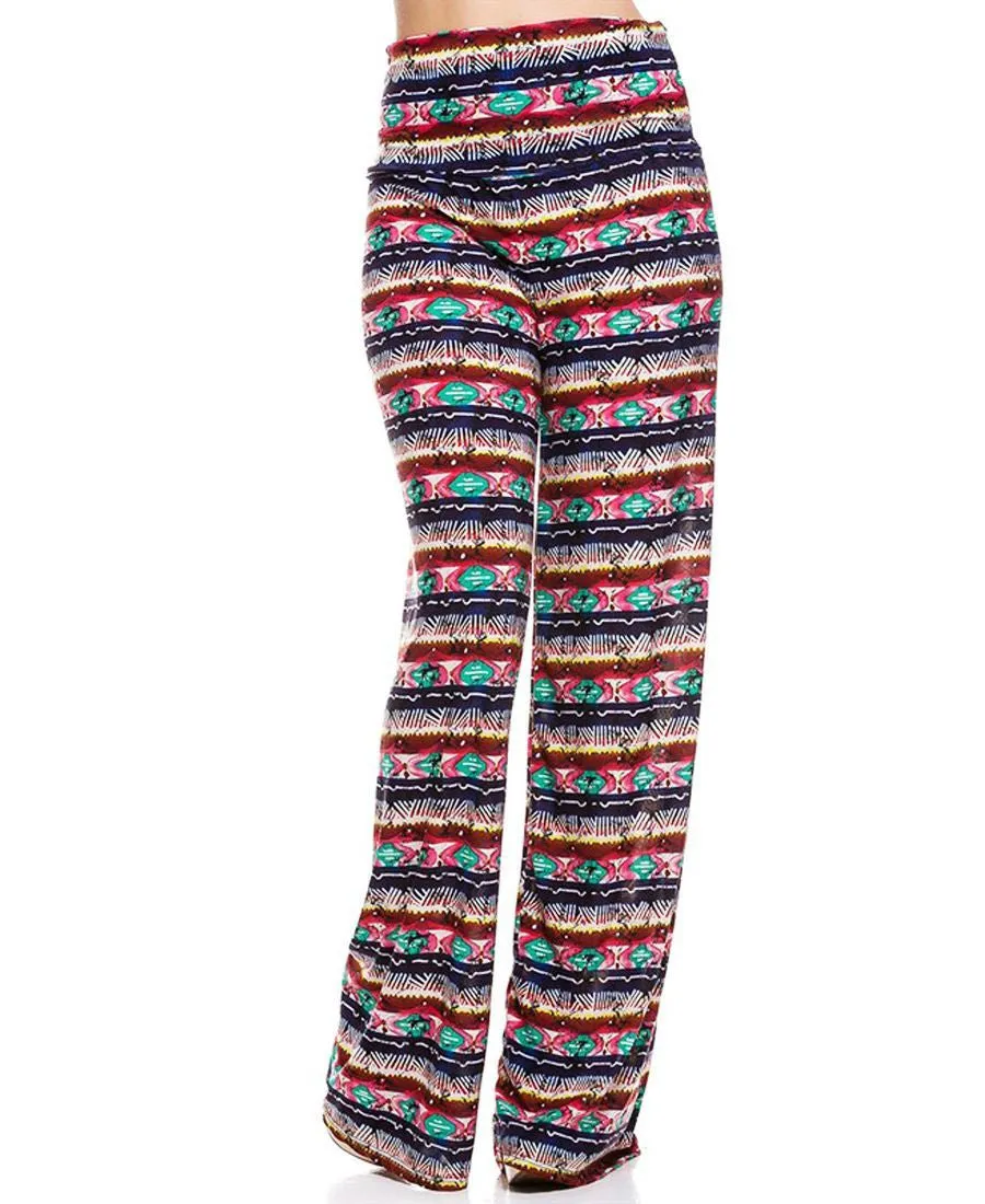 Foldover Palazzo Pants Multi Aztec Striped Navy Pink