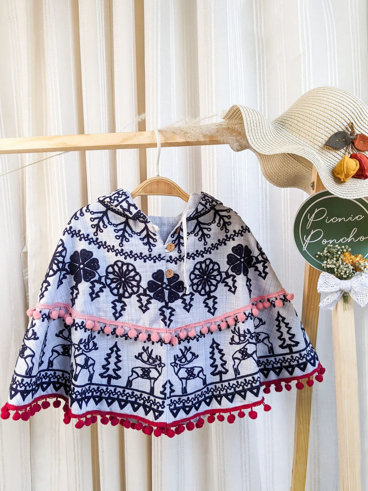 Girl's Blue Embroidered Hoodie Party Poncho Top For Baby Girls - HALEMONS
