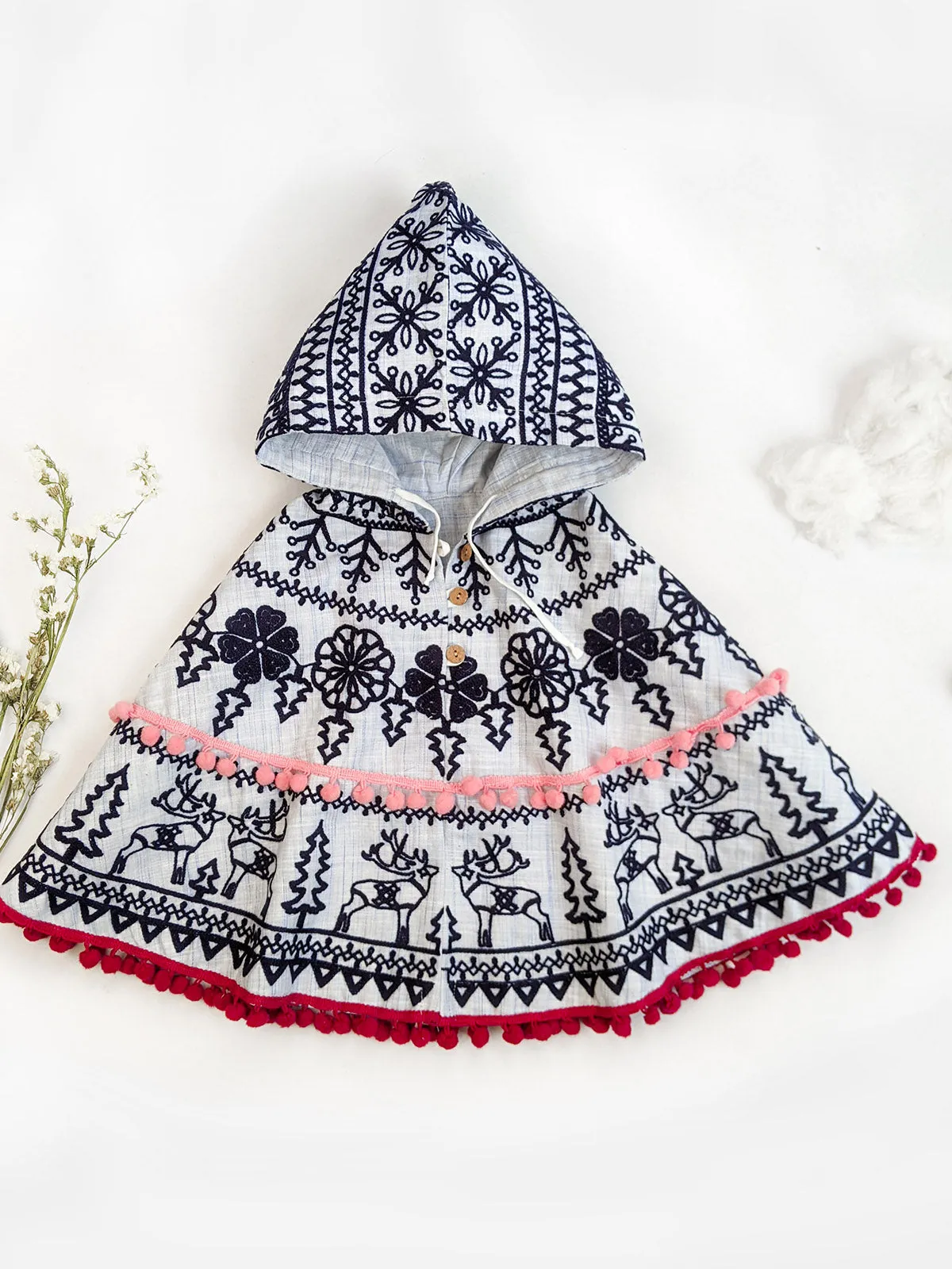 Girl's Blue Embroidered Hoodie Party Poncho Top For Baby Girls - HALEMONS