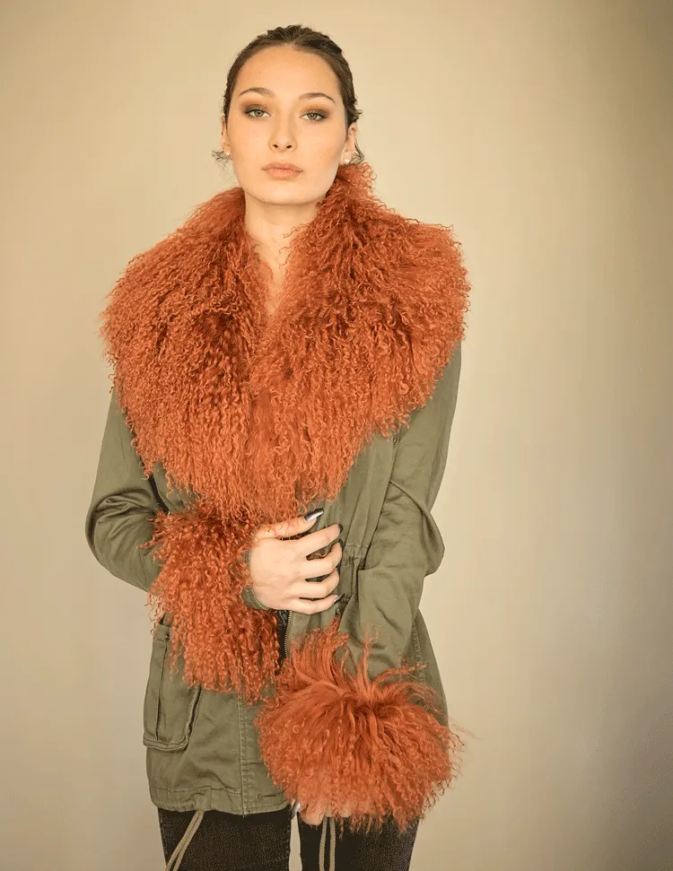 Juniper - Mongolian Fur Collar & Slap On Cuffs in Rust