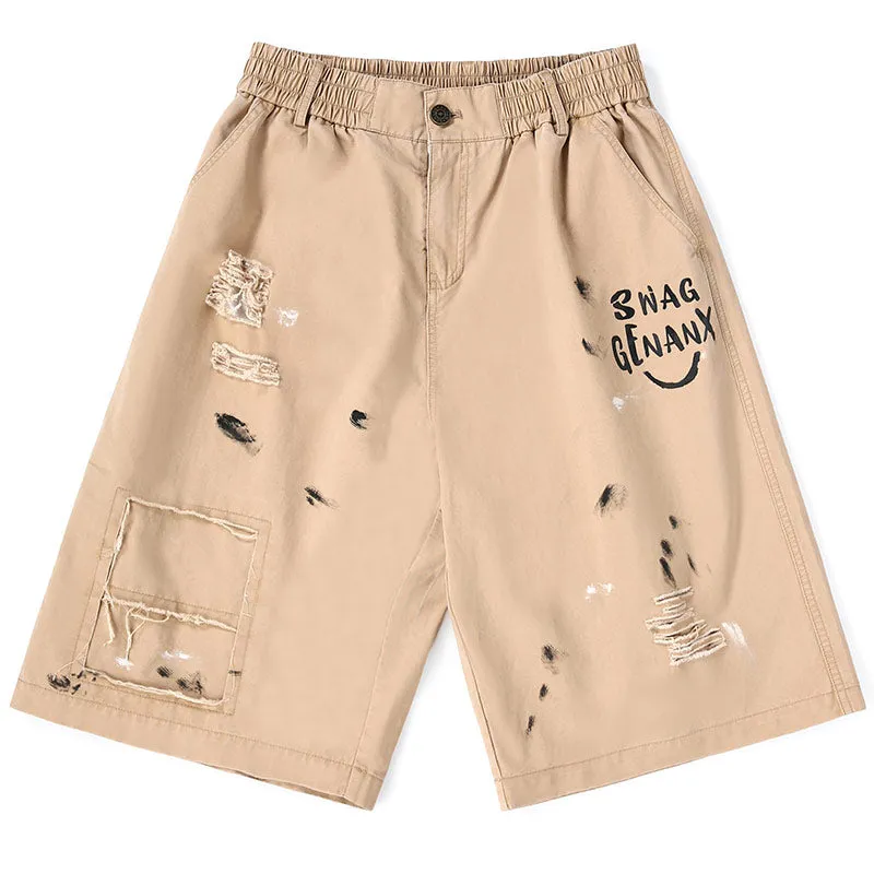 Khaki Print Ripped Patches Straight Shorts