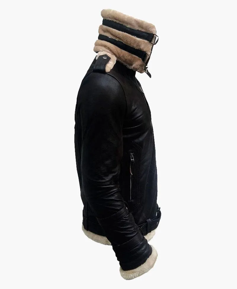Men's Double Collar Leather Jacket with Fur Detail