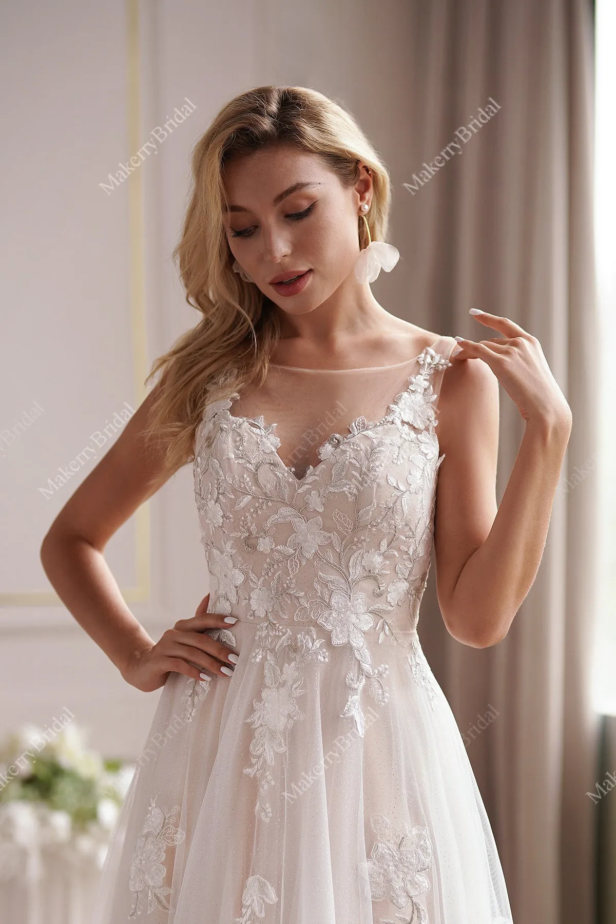 Romantic Beaded Lace Illusion Back Bridal Gown