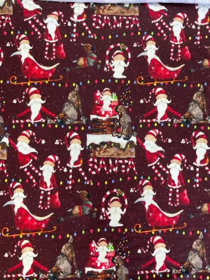 SALE 3/4 YD Cotton/Spandex Remnant - Maroon with Whimsical Santas & Reindeer