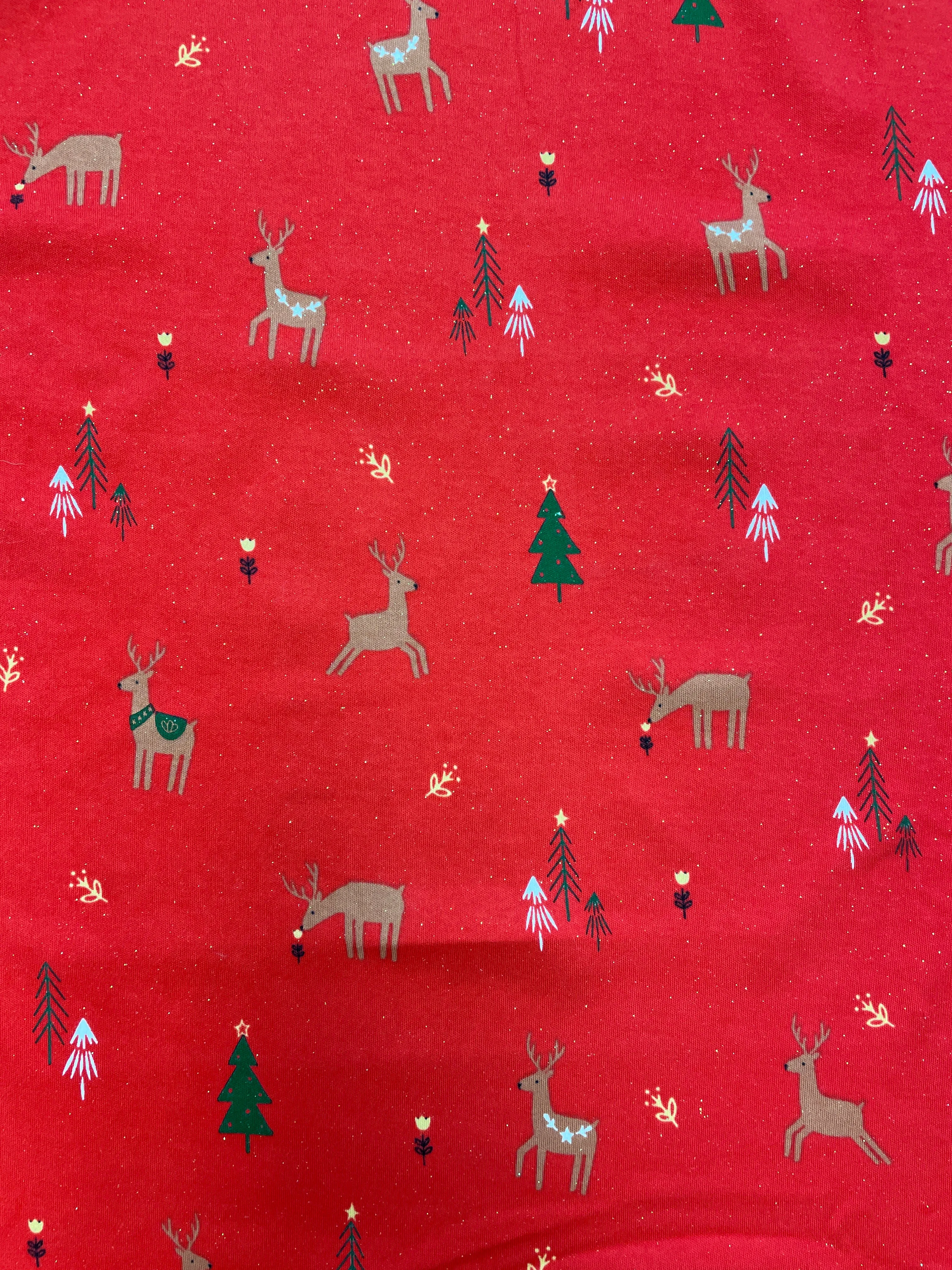 SALE 7/8 YD Cotton/Spandex Remnant - Red with Reindeer, Christmas Trees and Flowers