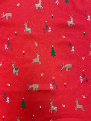 SALE 7/8 YD Cotton/Spandex Remnant - Red with Reindeer, Christmas Trees and Flowers