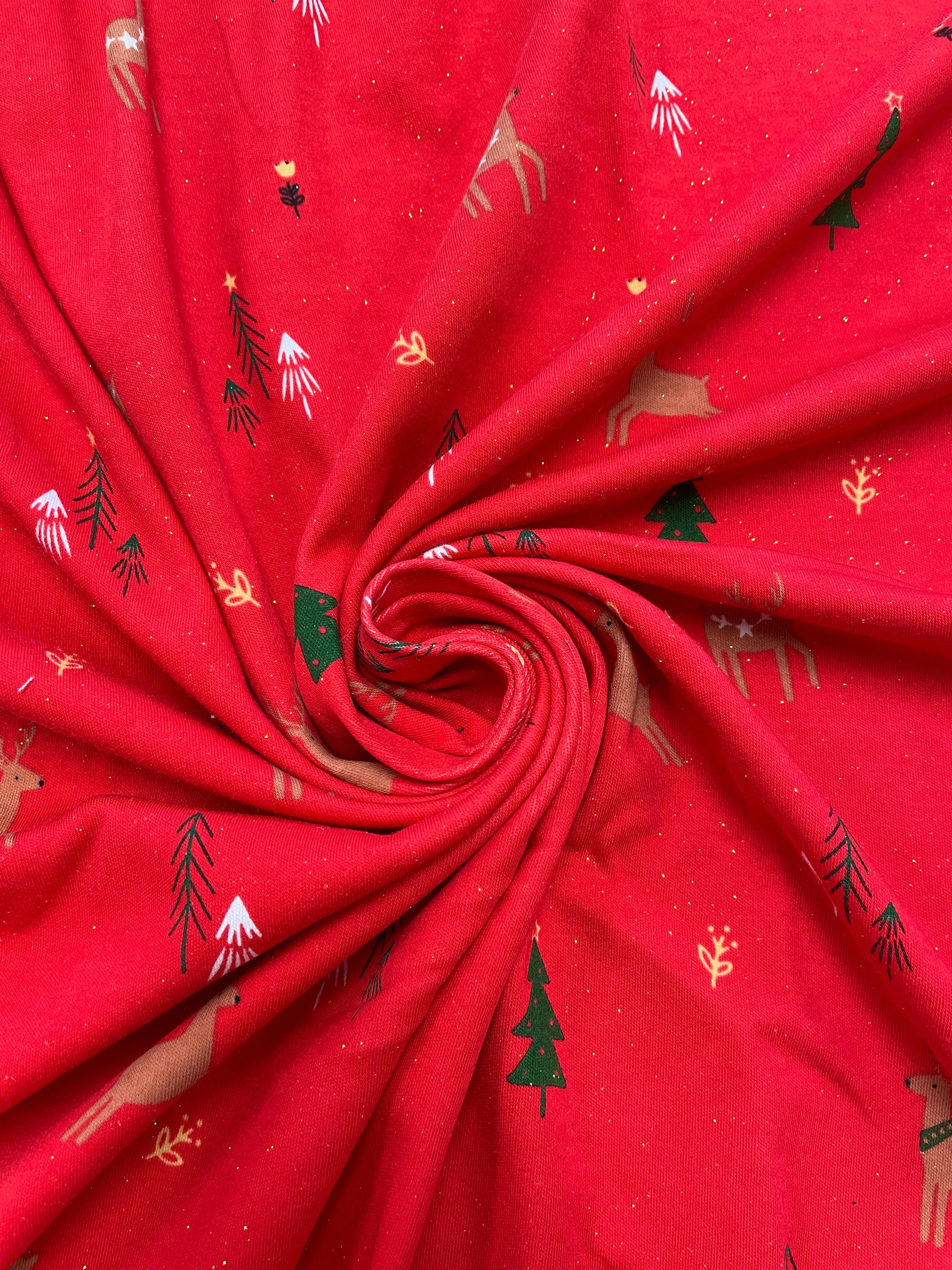 SALE 7/8 YD Cotton/Spandex Remnant - Red with Reindeer, Christmas Trees and Flowers