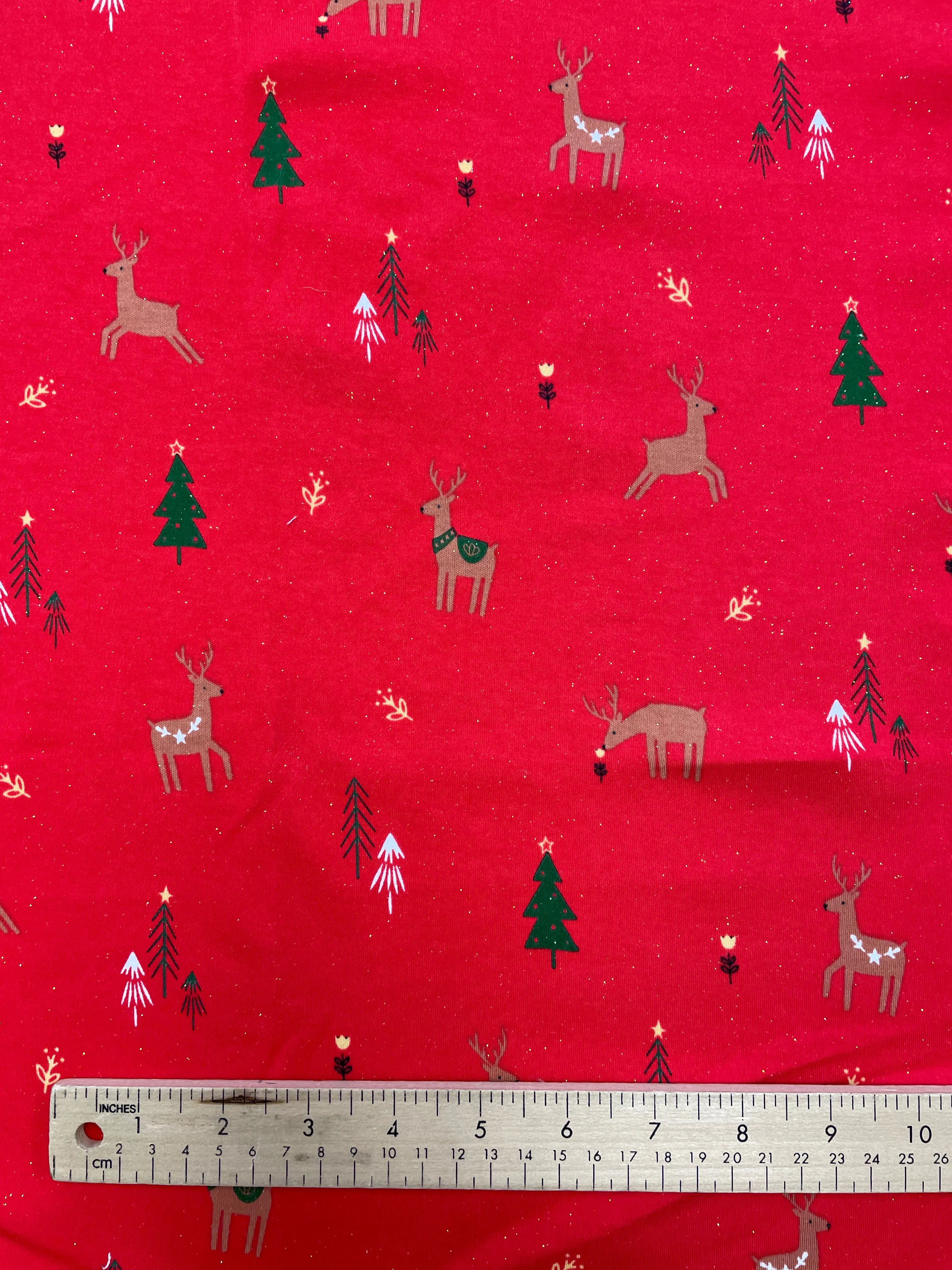 SALE 7/8 YD Cotton/Spandex Remnant - Red with Reindeer, Christmas Trees and Flowers