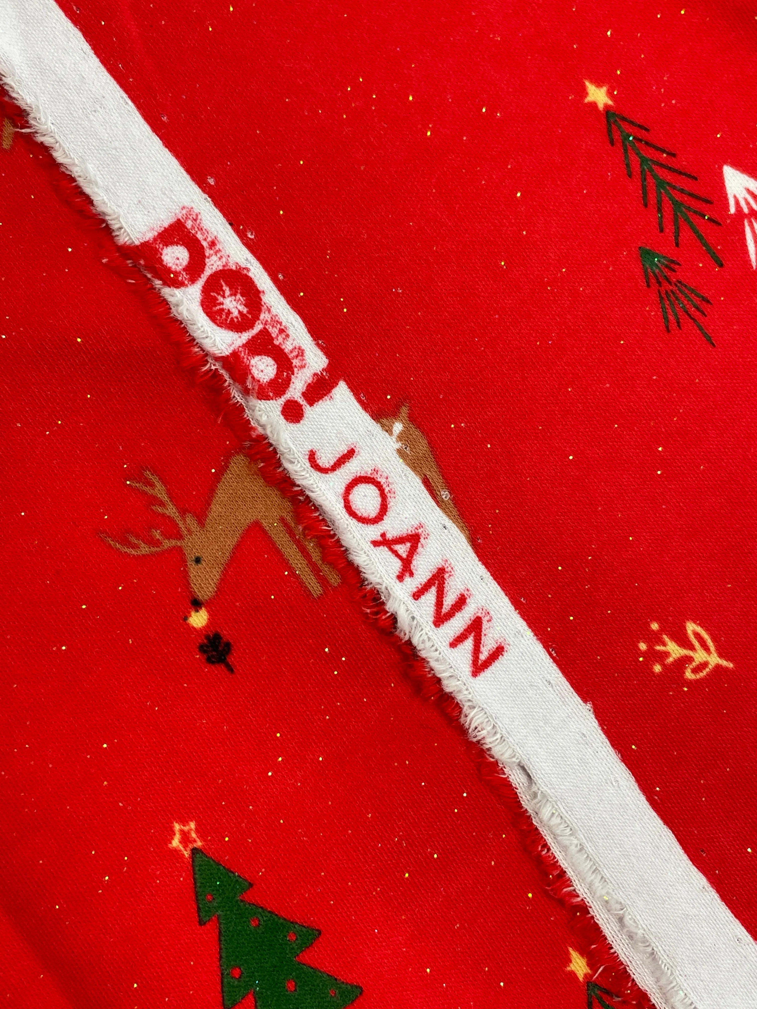 SALE 7/8 YD Cotton/Spandex Remnant - Red with Reindeer, Christmas Trees and Flowers