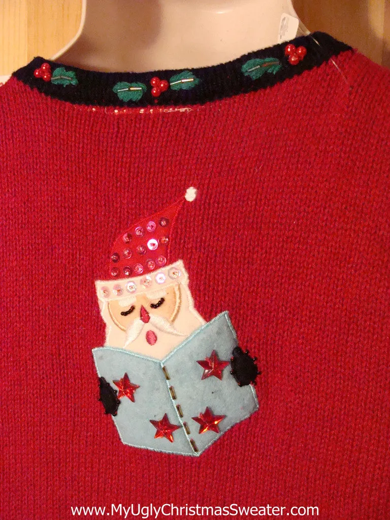 Tacky Ugly Christmas Sweater Vest Carolling Elves and Santa (f32)