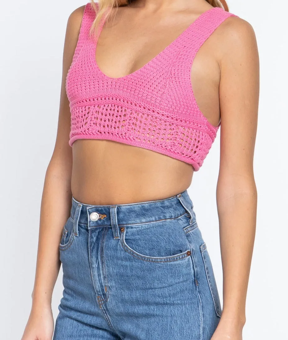 Textured Crop Sweater Tank Top pink