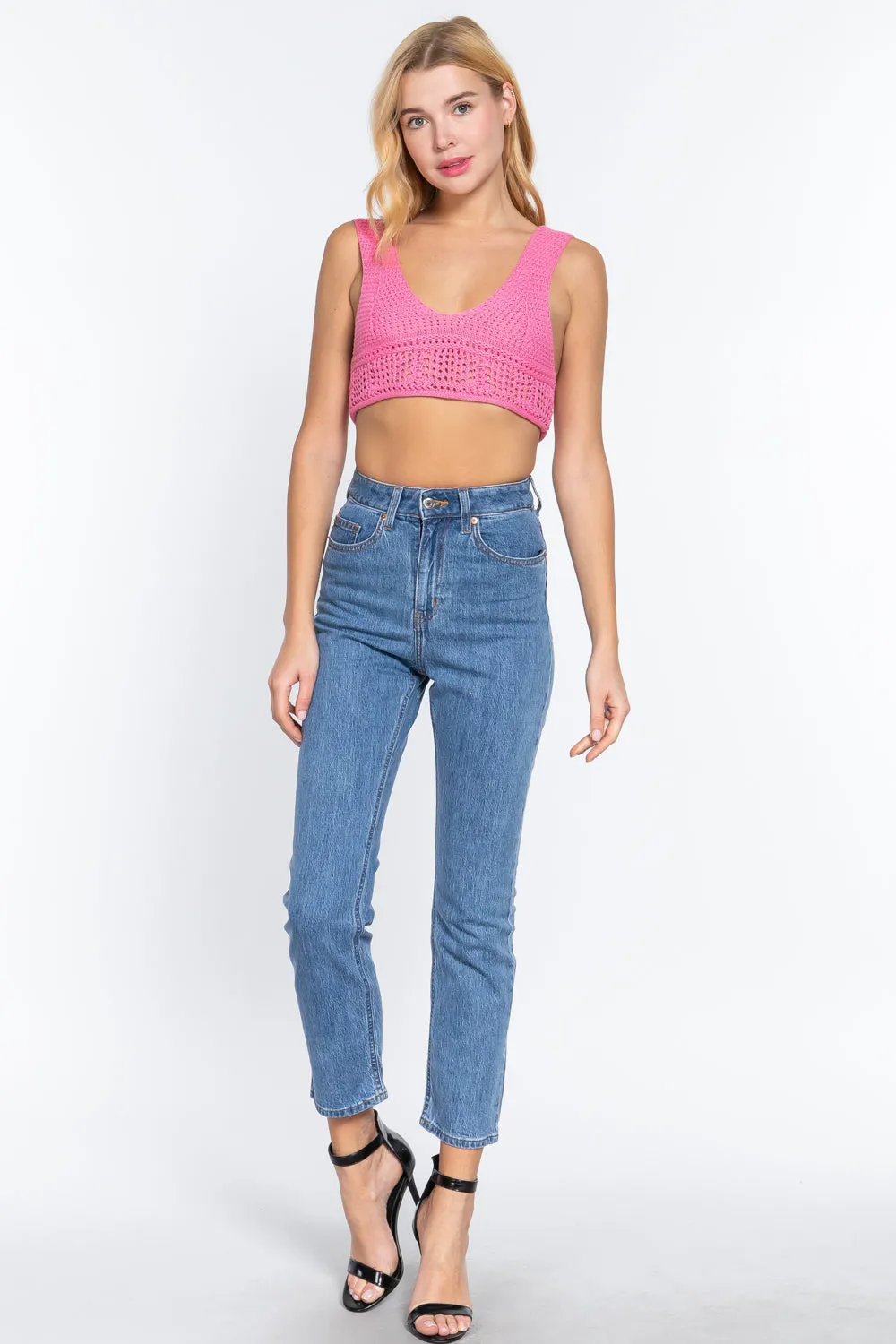 Textured Crop Sweater Tank Top pink