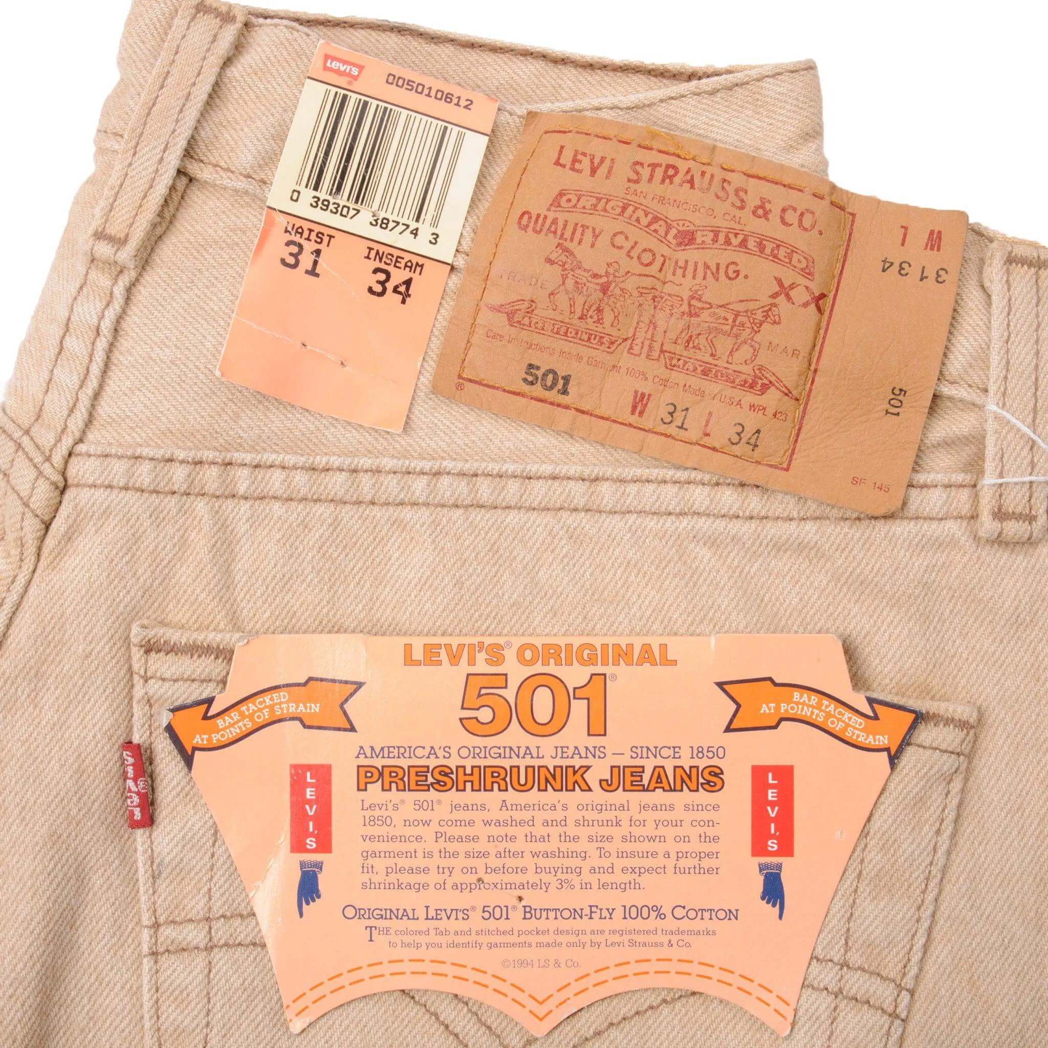 VINTAGE LEVIS 501 BEIGE PRESHRUNK JEANS 1993 SIZE W31 L34 MADE IN USA DEADSTOCK