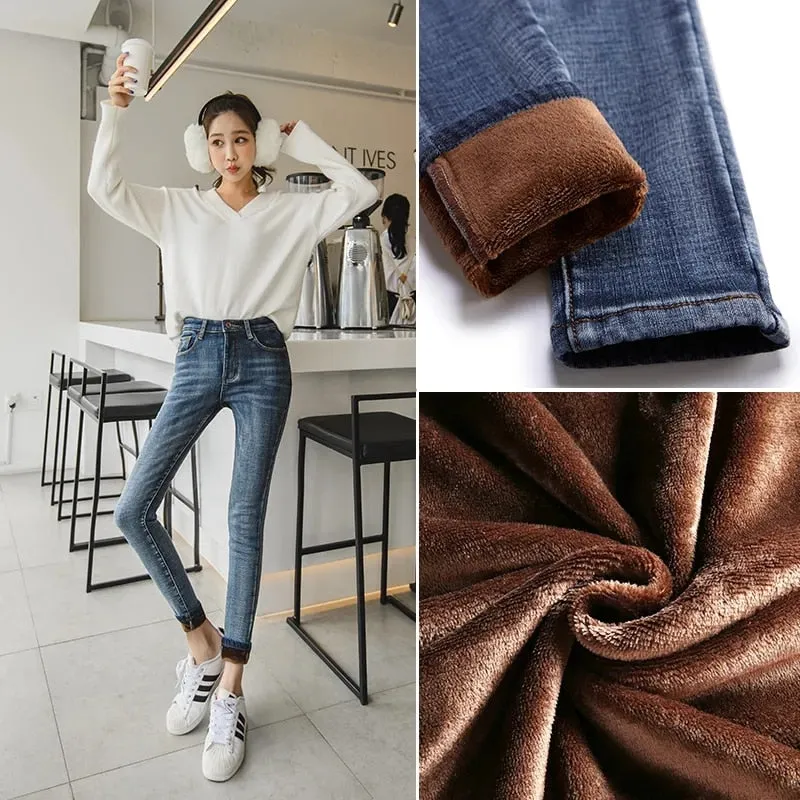 Women's Jeans Fleece Plus Velvet Skinny Pencil Pants Women Slim Denim Jeans - WJN0025