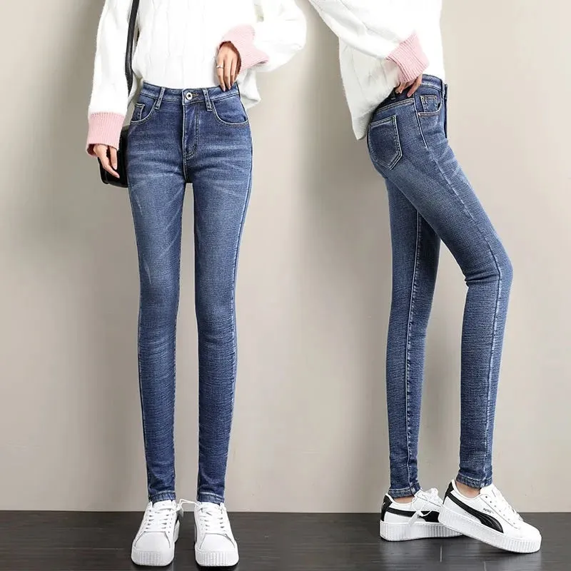 Women's Jeans Fleece Plus Velvet Skinny Pencil Pants Women Slim Denim Jeans - WJN0025