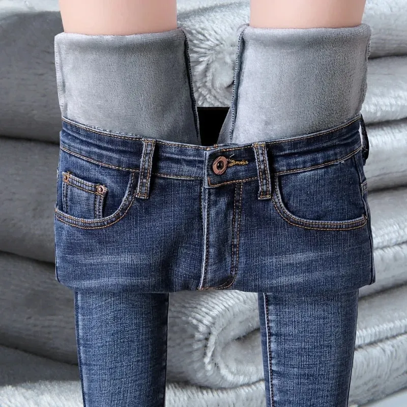 Women's Jeans Fleece Plus Velvet Skinny Pencil Pants Women Slim Denim Jeans - WJN0025