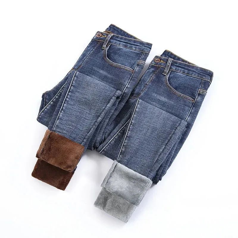 Women's Jeans Fleece Plus Velvet Skinny Pencil Pants Women Slim Denim Jeans - WJN0025