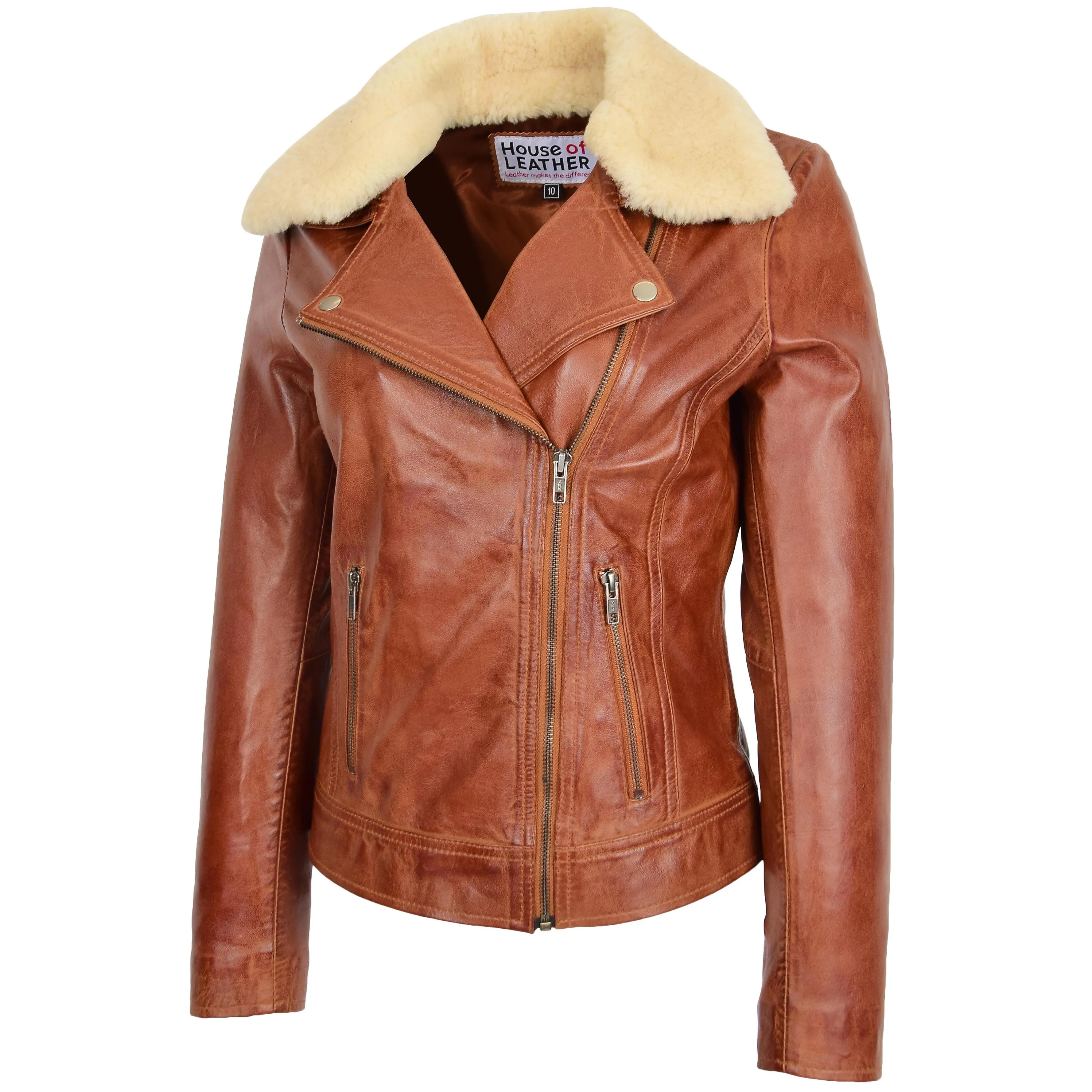 Womens Leather Biker Jacket with Detachable Collar Lauren Chestnut